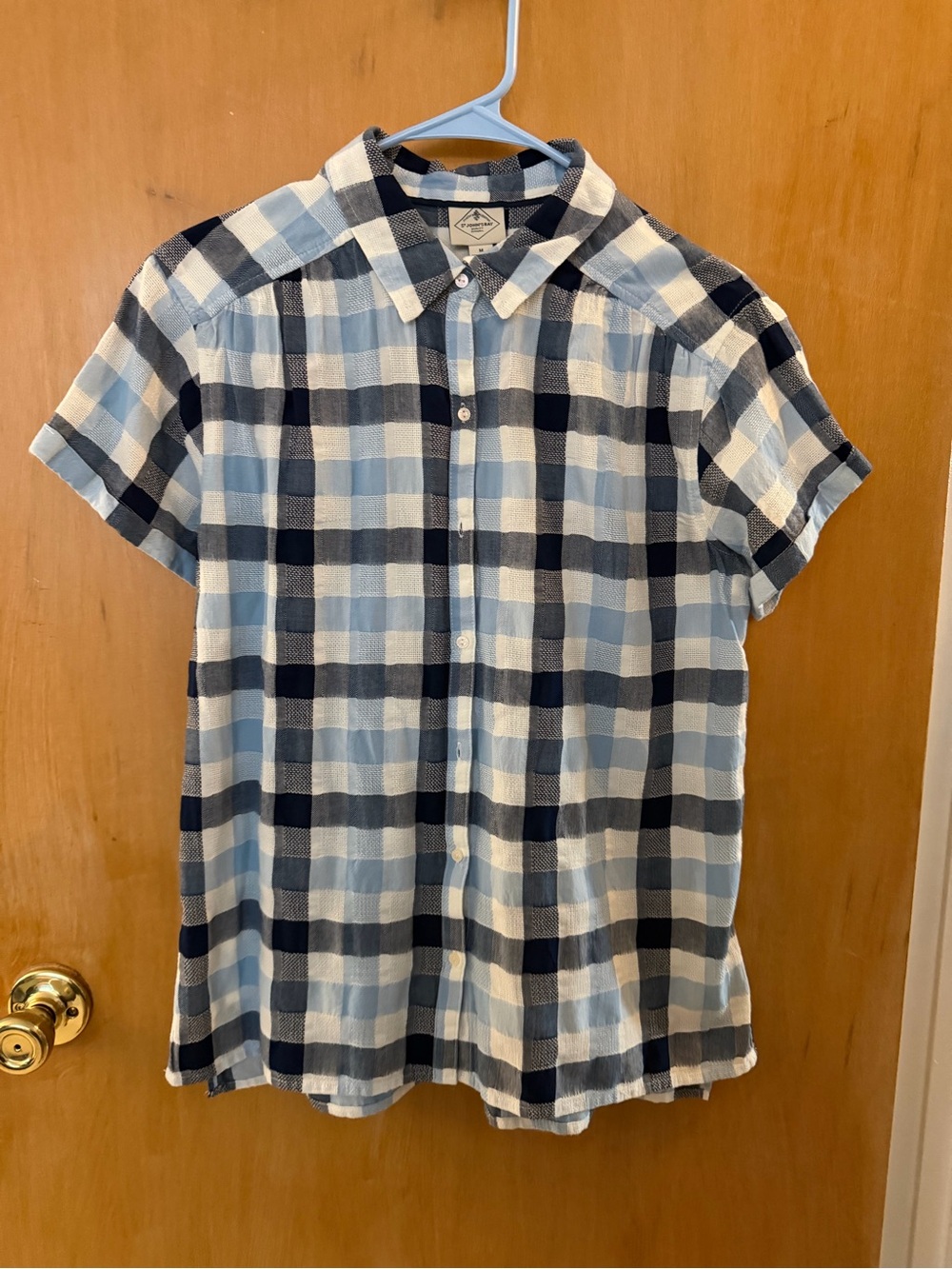 St. John's Bay Blue and White Plaid Short-Sleeve Button-Down Shirt